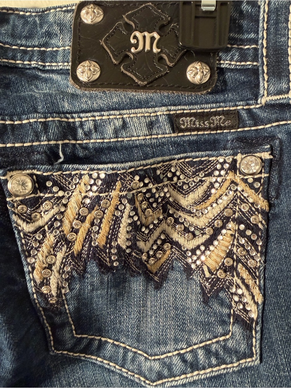 Miss Me Blue Denim Bootcut Jeans with Gold & Silver Embroidery